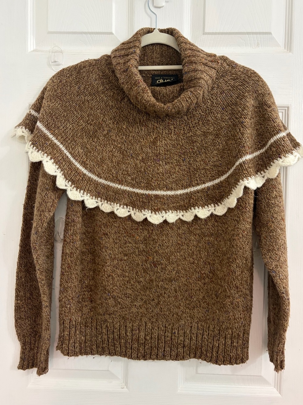Cozy Brown Turtleneck Sweater with Cream Crochet Yoke. Size large $10